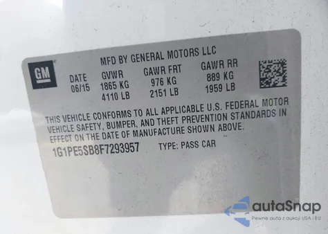 2015 Chevrolet Cruze 2Lt Auto z USA, uszkodzony, nr VIN 1G1PE5SB8F7293957